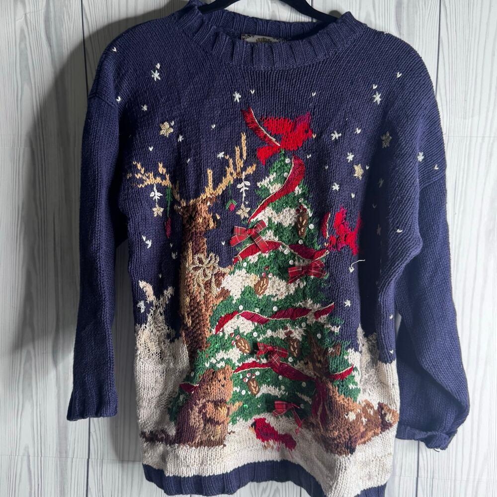 Tiara International Sweater Womens Small Christmas Tree Gifts Holiday Deer READ